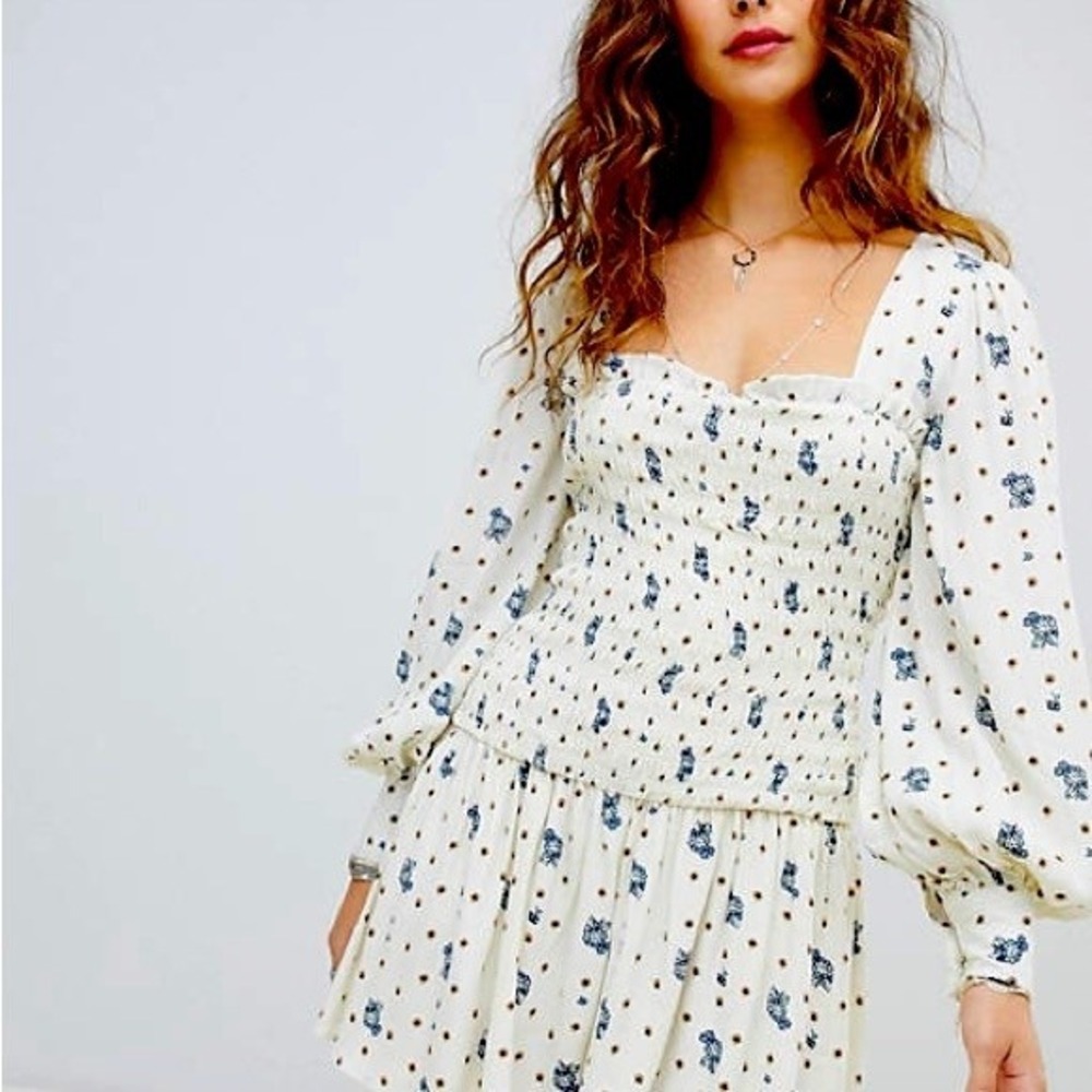 Free People‎ Two Faces Mini Dress XS White Floral Long Sleeve Boho Cottagecore